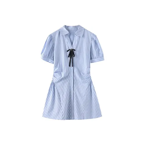MO VOICE Короткий рукав Платье Женское Синий