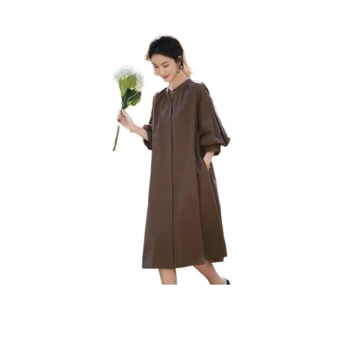 【Dme】 Длинное платье с длинными рукавами женское темно-кофейное