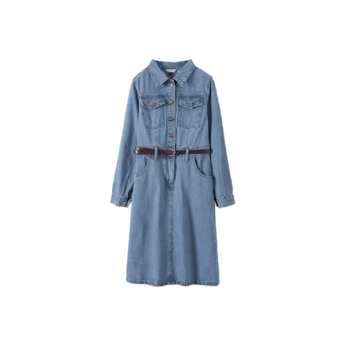 Mo Han Yi Mei Длинное платье с длинными рукавами женское светлый деним