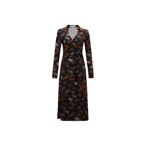 DVF Diane Von Furstenberg FW24 Длинное платье с длинными рукавами женское коричневый леопард кошка
