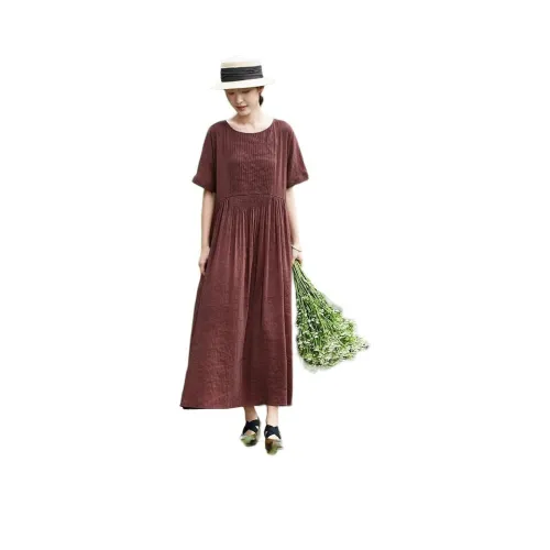 JIXIANGYUER Короткий рукав Платье Женское Oak Coffee