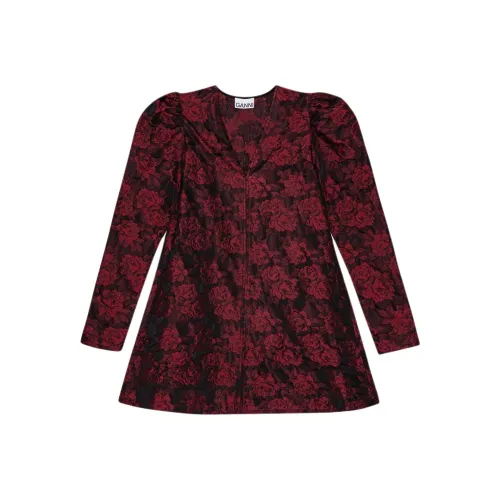 GANNI Красный Botanical Жаккард Мини Платье Длинный Рукав Платье Женское Красный