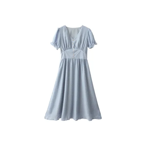 Huagaa Короткий рукав платье женское туманно-синий