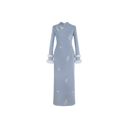 Sheep Design Длинное платье с длинными рукавами женское синее