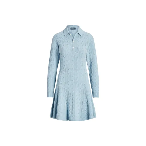 Polo Ralph Lauren CABLE KNIT Шерсть Кашемир Свитер Платье Длинный рукав Платье Женское Светло-синий