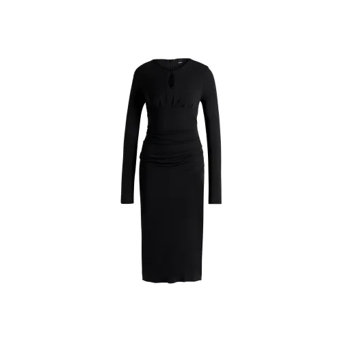 HUGO BOSS Черное Женское Длинное Платье с Длинным Рукавом