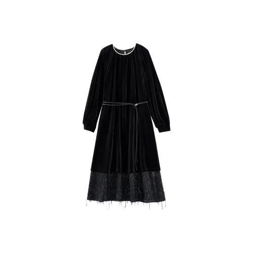 OUNIXUE Длинное платье с длинным рукавом женское черное