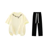 Комплект одежды (Бежевая Желтая Футболка + Черные Повседневные Штаны)