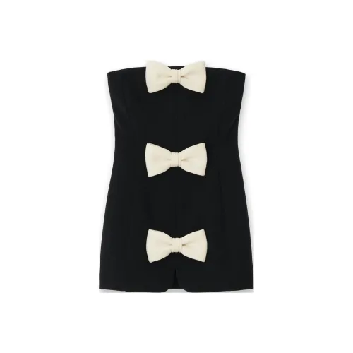 KIMHEKIM SS24 BICOLOR BOWS Смесовая шерсть TUBETOP Мини Платье Без рукавов Платье Женское Черное Сливочный Сливочный Черный