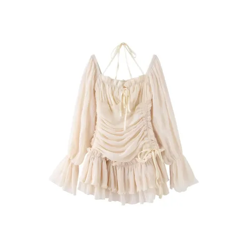 Cosyism Длинное платье с длинными рукавами женское кремово-абрикосового цвета