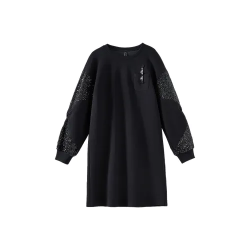 OUNIXUE Длинное платье с длинным рукавом женское черное