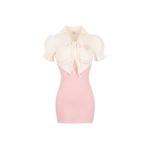 9 Кошка Лакомства Палочки Короткий рукав Платье Женское Розовый