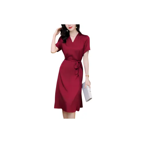 Yi Mengyuan Кружево Up Satin Silk Short Sleeved Dress Women's