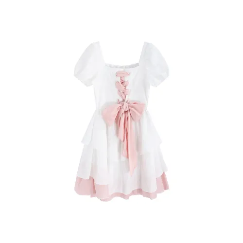 DGMZ Короткий рукав Платье Женское Белое и Розовое