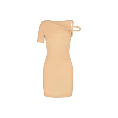 Khy DROP 004 Сетка Эластичный Твист Мини Платье Короткий Рукав Платье Женское Телесный Телесный