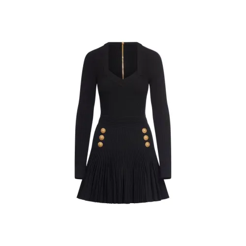 BALMAIN Черное Женское Длинное Платье с Рукавами