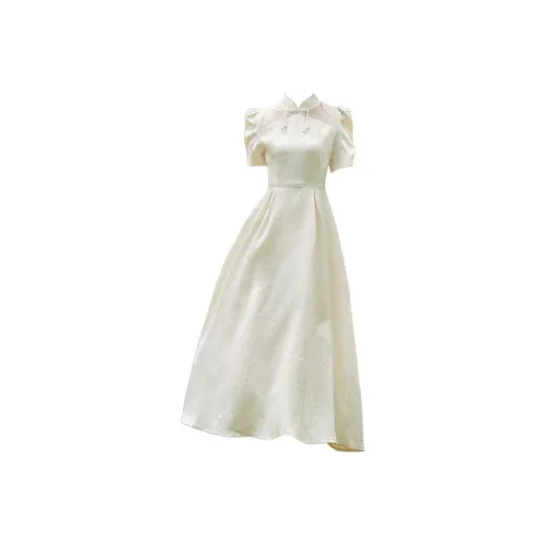 MITX Лето Короткий Рукав Платье Женское Белое Абрикос