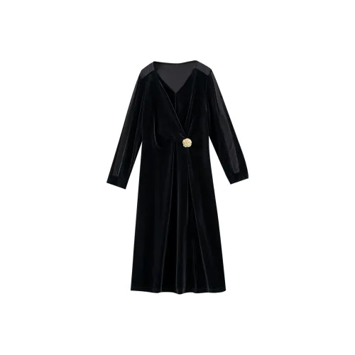 OUNIXUE Длинное платье с длинным рукавом женское черное