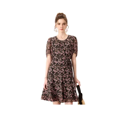 FENHONGMALI Летний Короткий Рукав Платье с Утяжкой на Талии Женское Черное