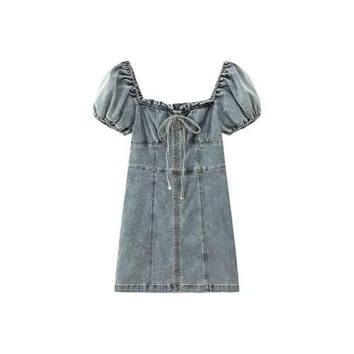 CHUU Короткий рукав Платье Женское средний деним синий