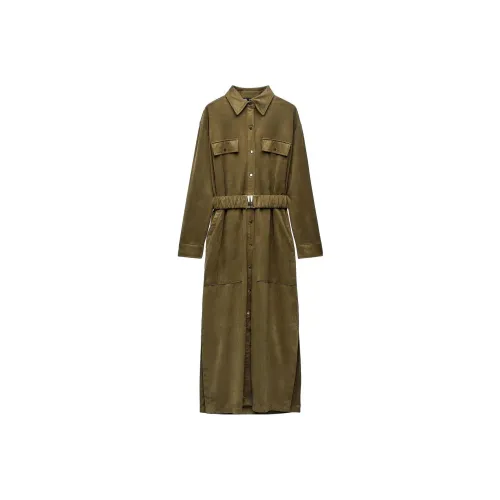ZARA Хаки Женские Длинные Платья с Рукавами