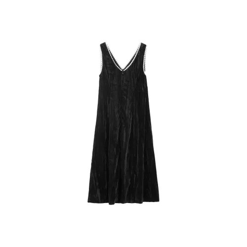 Fstudio Осенний Зимний Корейский стиль Мода V-образный вырез Черное кружевное платье Женское Черное