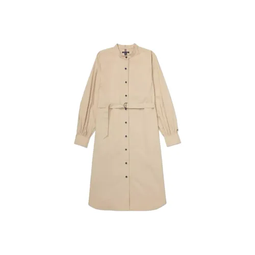 Tommy Hilfiger Твердый Belted Платье-рубашка Платья Юбки Хаки Песочный Длинное Платье с длинными рукавами Женское Хаки