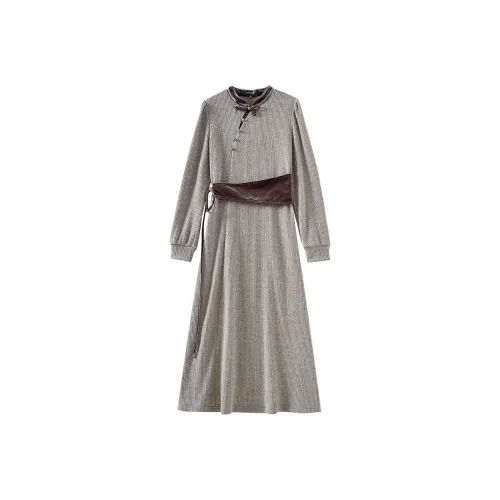 OUNIXUE Длинное платье с длинными рукавами женское тауповый серый