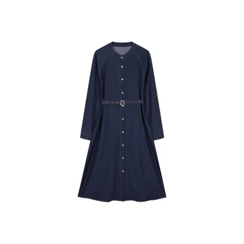 IHIMI Длинное платье с длинными рукавами женское темно-джинсовый синий