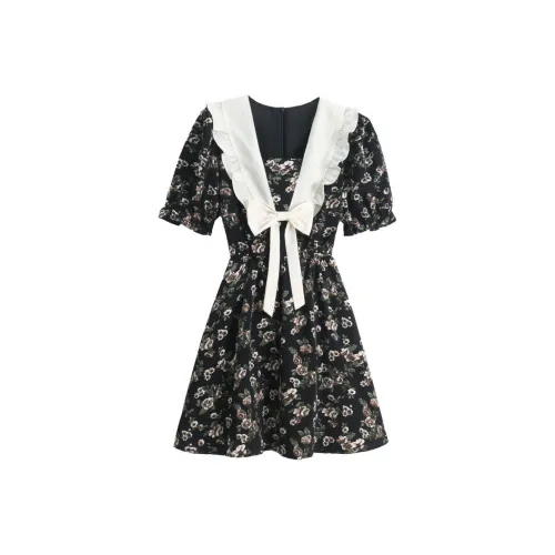 XIAOJUCHUANLI Короткий рукав Платье Женское Черный цветок