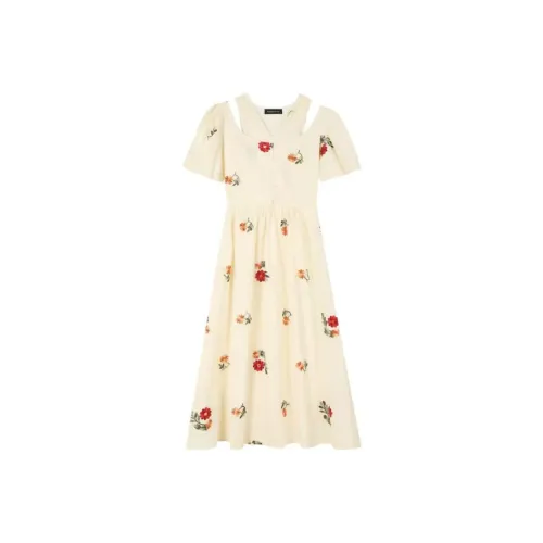 Lookinto Короткий рукав платье женское абрикосовое с вышивкой