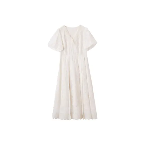 XIANGYING Короткий рукав Платье Женское Бежевое