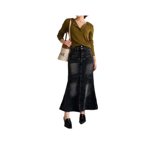 NANING9 Деним Длинная Юбка Женская Черная