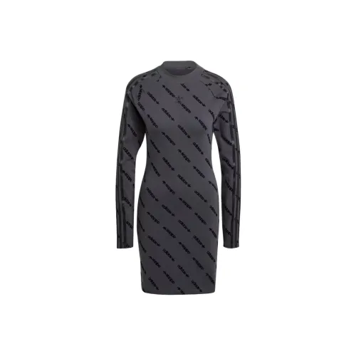 Adidas Originals Monogram Длинное Платье с Длинными Рукавами Женское Угольно-Серый