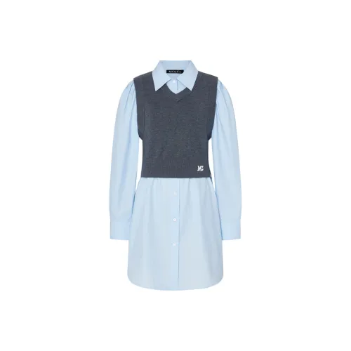 MO&CO Ледяно-серый Синий Женские Длинные Платья с Рукавами