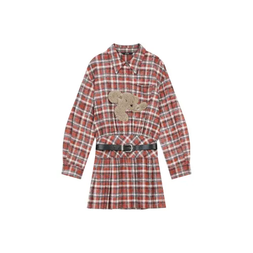 ELF SACK Длинное платье с длинными рукавами женское кирпично-красное в клетку