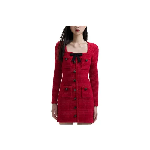 Self Портрет Длинное Платье с Длинными Рукавами Женское Бордовое