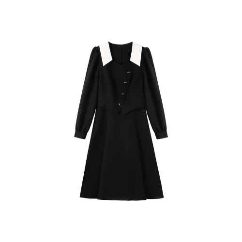 Роскошь Длинное Платье с Длинными Рукавами Женское Черное с Контрастным Абрикосом