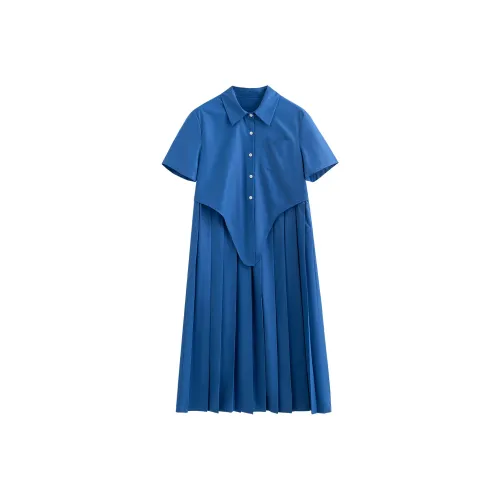 Initial Language Короткий рукав Платье Женское Лунный свет Синий