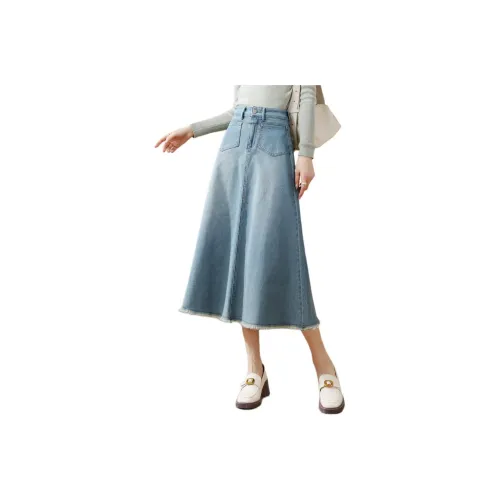 HIPPIEMISS Denim Long Skirt Women's Vintage Light Blue