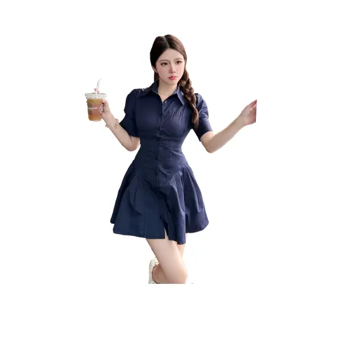 ORIASTAR Короткое платье с короткими рукавами женское темно-синее