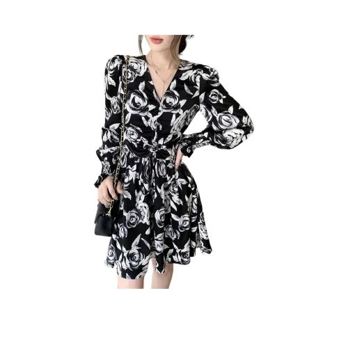 NANING9 Длинное платье с длинным рукавом женское черное