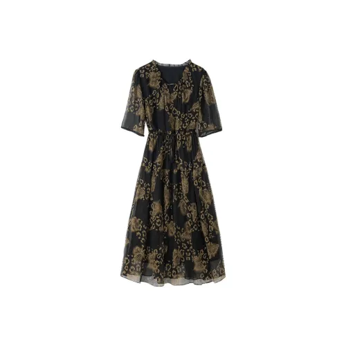 To The West Короткий рукав Платье Женское Черное Золото