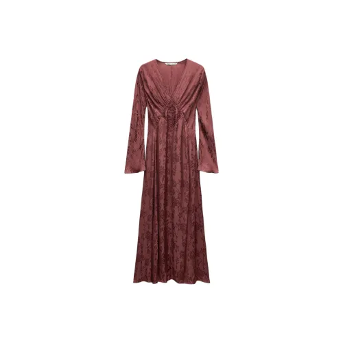 ZARA ZW Series Длинное платье с длинным рукавом женское бордового цвета