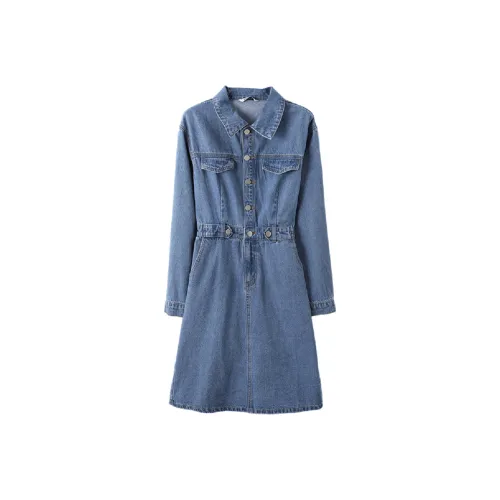 Mo Han Yi Mei Длинное платье с длинными рукавами женское джинсовый синий