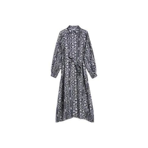 MaxMara Alpe Коллекция Printed Шелк Платье-рубашка Длинный Рукав Платье Женское Черное
