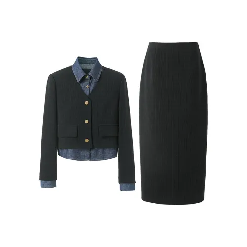 3COLOUR Одежда Комплект Классический черный Пальто+Юбка Женские Повседневные костюмы