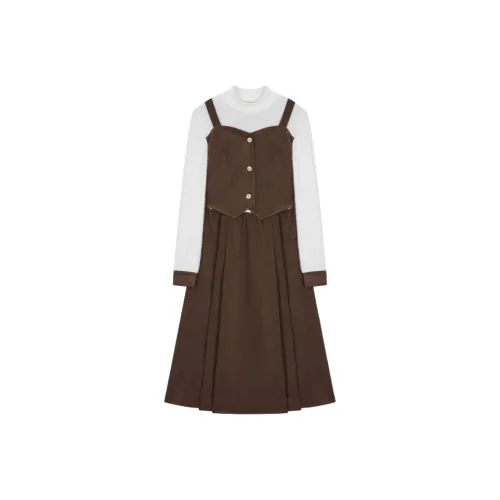 XWI Длинное платье с длинным рукавом женское кофейного цвета