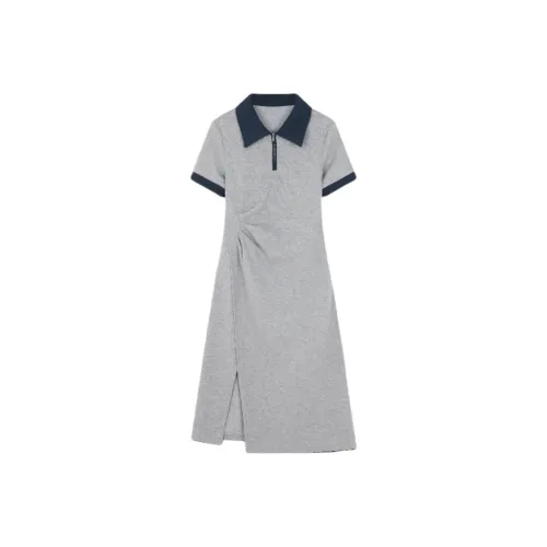 Mo Han Yi Mei Короткий рукав Платье Женское Серый Темно-синий