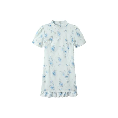 ZCDECO Короткое платье с короткими рукавами женское цветочный узор синий